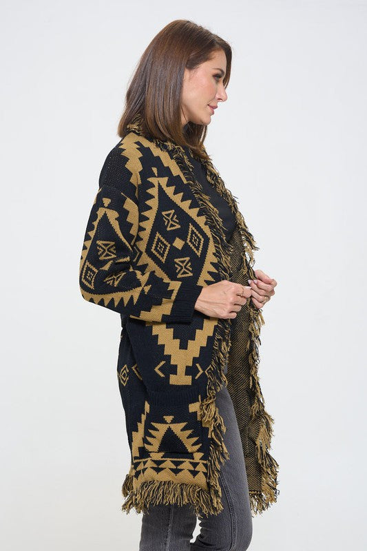 Tribal Print Cardigan with Fringe Detail and Tie-2