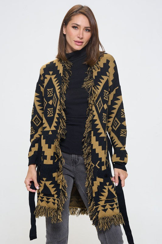 Tribal Print Cardigan with Fringe Detail and Tie-3