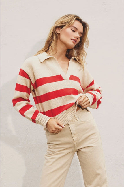 Triple Stripe Collared Sweater  SUNNY RED