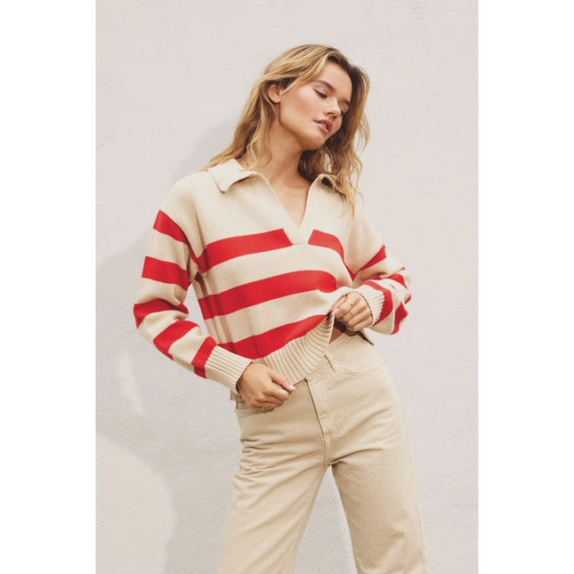 Triple Stripe Collared Sweater  SUNNY RED