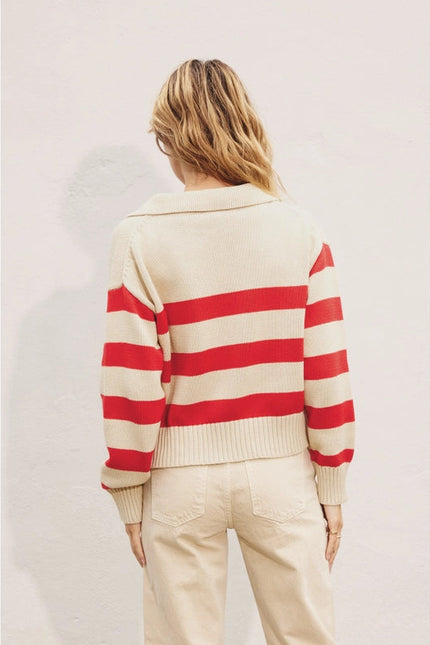 Triple Stripe Collared Sweater  SUNNY RED