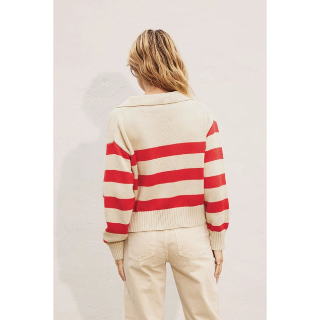 Triple Stripe Collared Sweater  SUNNY RED