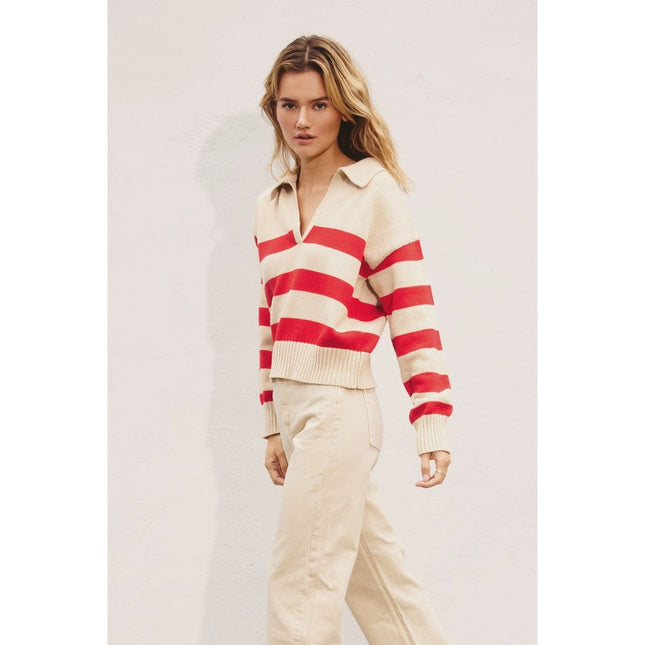 Triple Stripe Collared Sweater  SUNNY RED