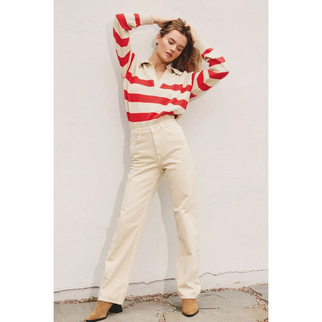 Triple Stripe Collared Sweater  SUNNY RED