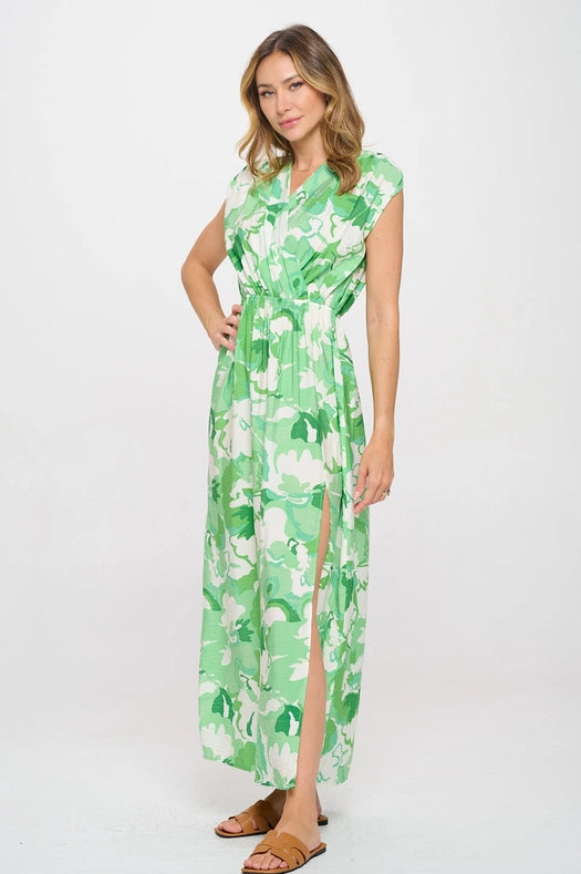 Tropical Print Chiffon Sheer Dress with Slit