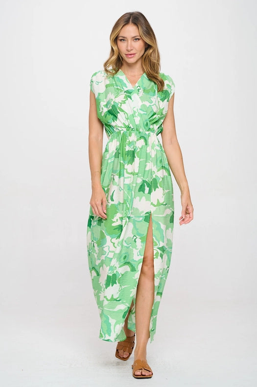 Tropical Print Chiffon Sheer Dress with Slit