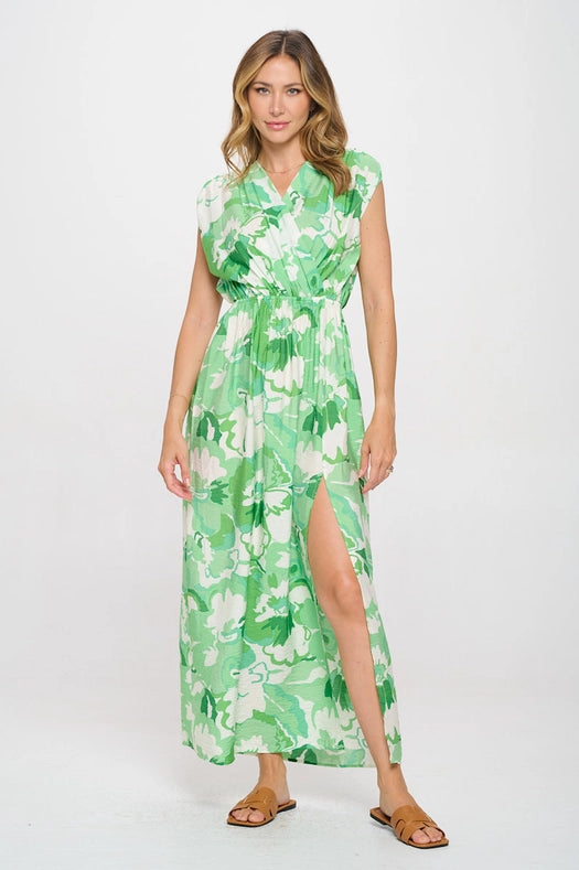 Tropical Print Chiffon Sheer Dress with Slit