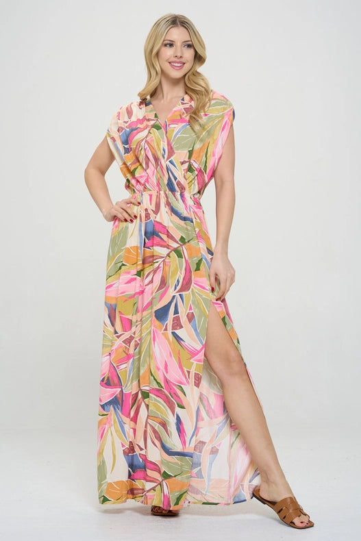 Tropical V Neck Sleeveless Maxi Dress with Slit