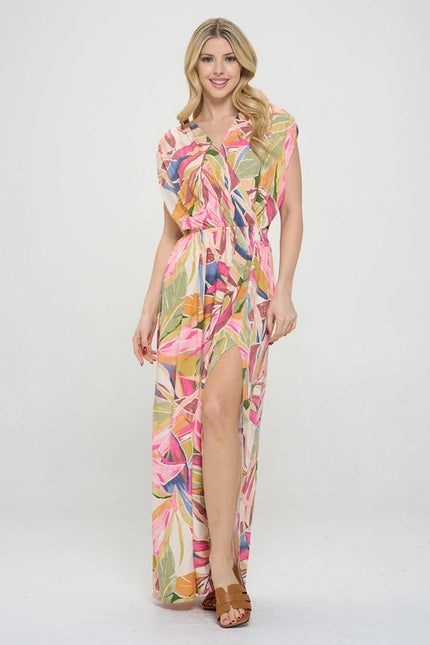 Tropical V Neck Sleeveless Maxi Dress with Slit