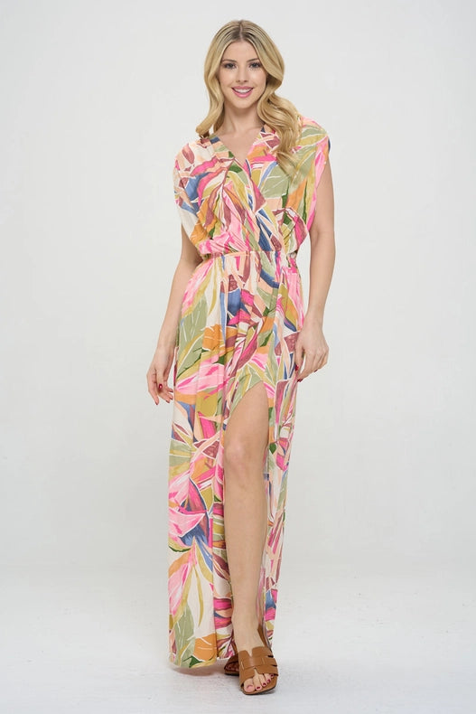 Tropical V Neck Sleeveless Maxi Dress with Slit