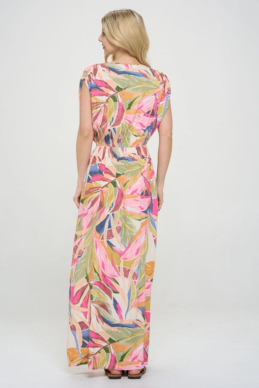 Tropical V Neck Sleeveless Maxi Dress with Slit