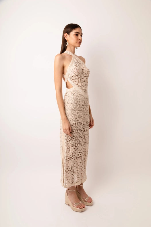 Tuscany Crochet Lace Cut Out Back Halter Maxi Dress