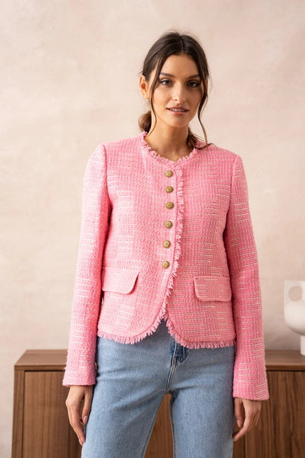 Tweed Blazer Jacket With Fringes And Gold Stripes Fuchsia