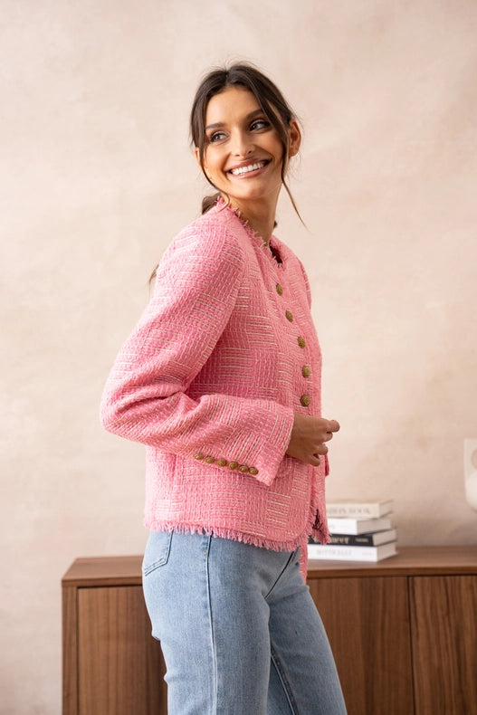 Tweed Blazer Jacket With Fringes And Gold Stripes Fuchsia