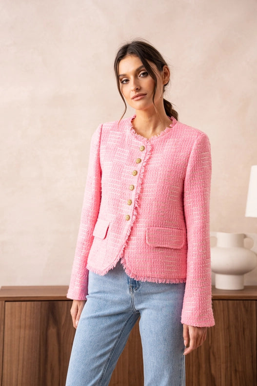 Tweed Blazer Jacket With Fringes And Gold Stripes Fuchsia