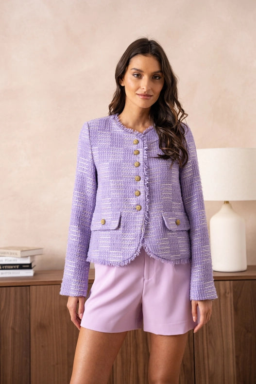 Tweed Blazer Jacket With Fringes And Gold Stripes Lilac