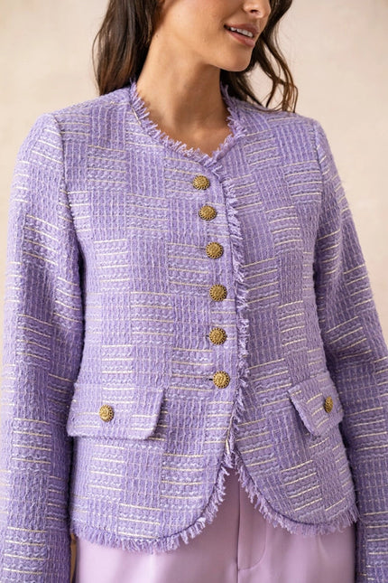 Tweed Blazer Jacket With Fringes And Gold Stripes Lilac