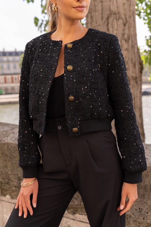 Tweed Cropped Sequin Crew Neck Jacket Black