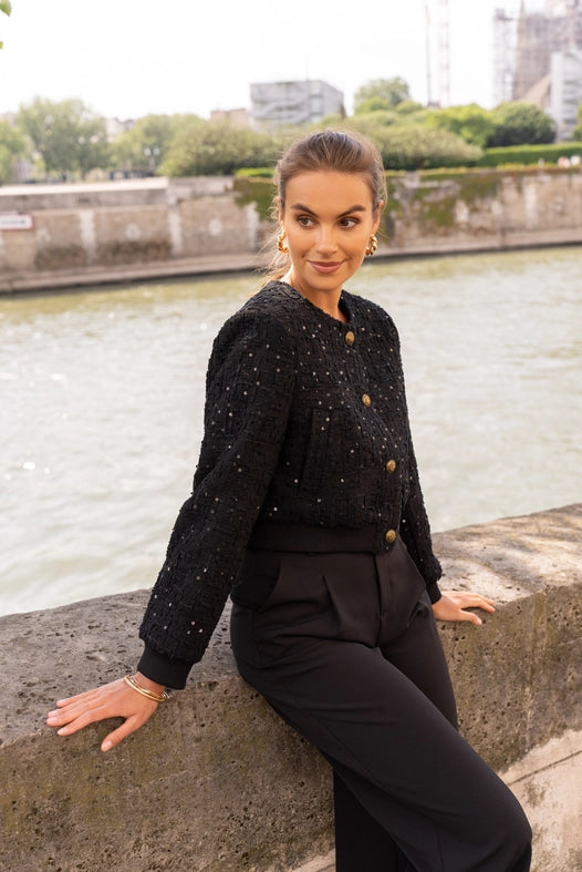 Tweed Cropped Sequin Crew Neck Jacket Black