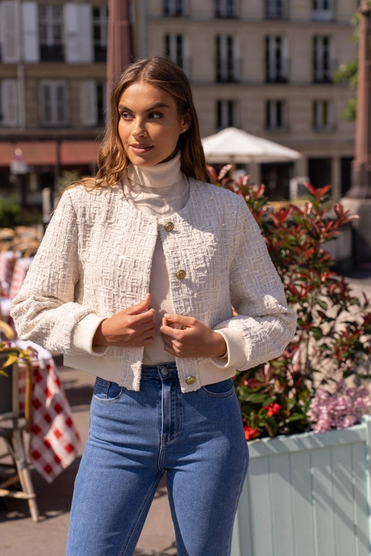 Tweed Cropped Sequin Crew Neck Jacket Off-white