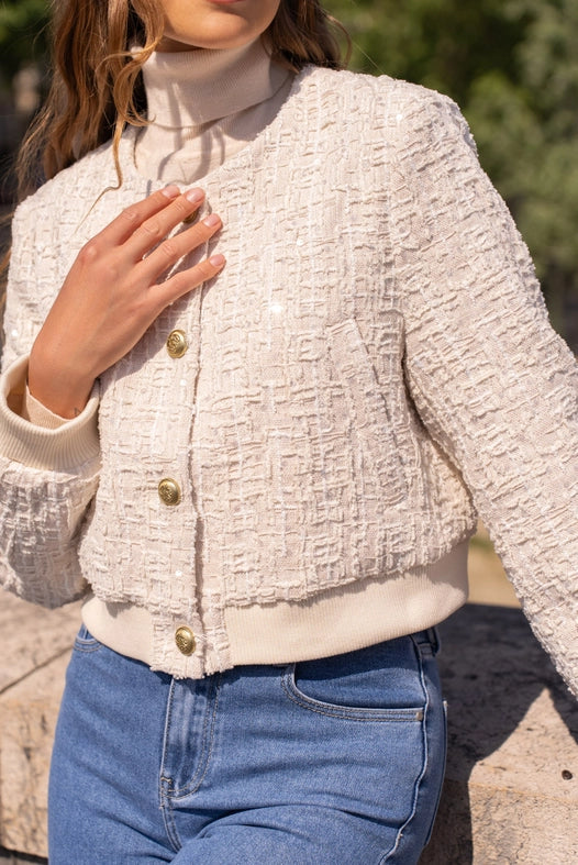 Tweed Cropped Sequin Crew Neck Jacket Off-white