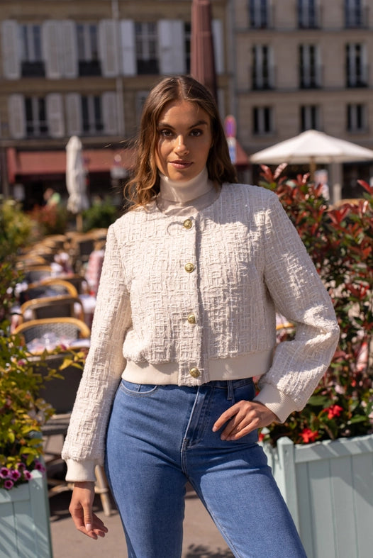 Tweed Cropped Sequin Crew Neck Jacket Off-white