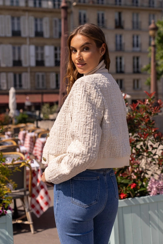 Tweed Cropped Sequin Crew Neck Jacket Off-white