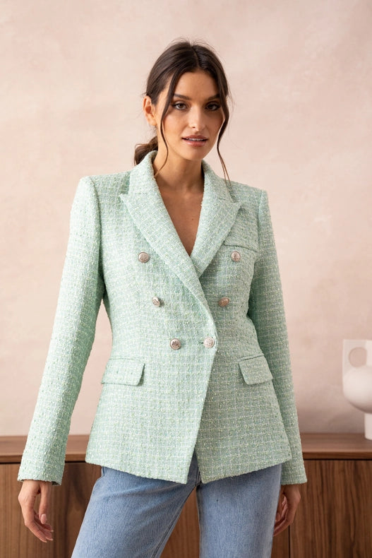 Tweed Double-Breasted Blazer Jacket With Gold Buttons Light Green