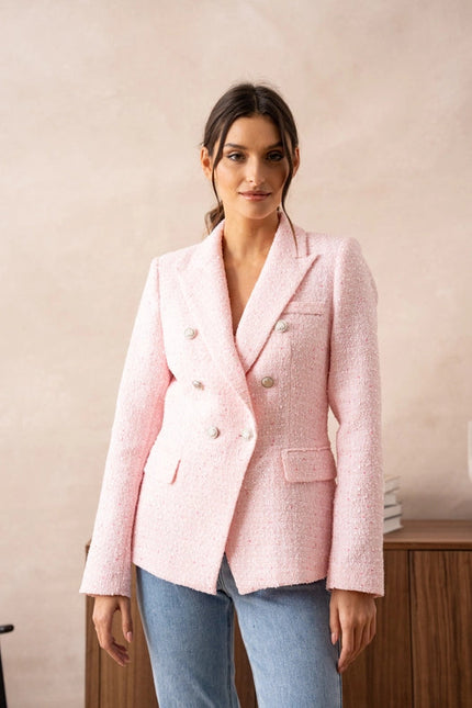 Tweed Double-Breasted Blazer Jacket With Gold Buttons Pink