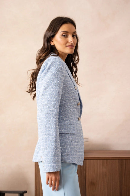 Tweed Double-Breasted Blazer Jacket With Gold Buttons Sky Blue