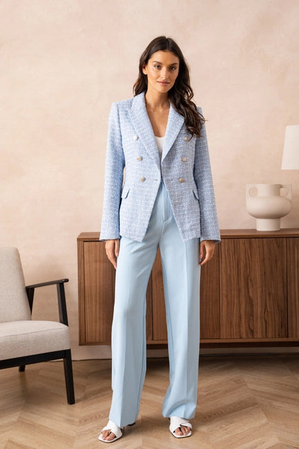 Tweed Double-Breasted Blazer Jacket With Gold Buttons Sky Blue