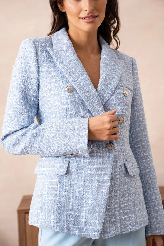 Tweed Double-Breasted Blazer Jacket With Gold Buttons Sky Blue