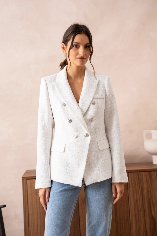 Tweed Double-Breasted Blazer Jacket With Gold Buttons White