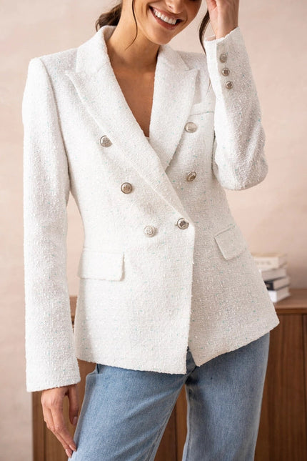 Tweed Double-Breasted Blazer Jacket With Gold Buttons White