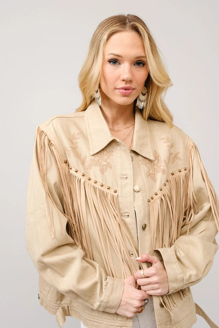 Twill Fringe Studded Embroidered Jacket