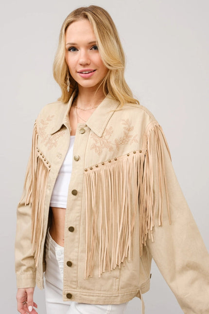 Twill Fringe Studded Embroidered Jacket