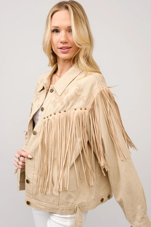 Twill Fringe Studded Embroidered Jacket