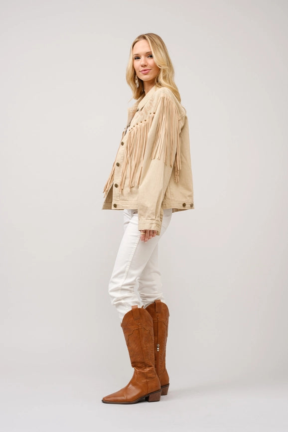 Twill Fringe Studded Embroidered Jacket