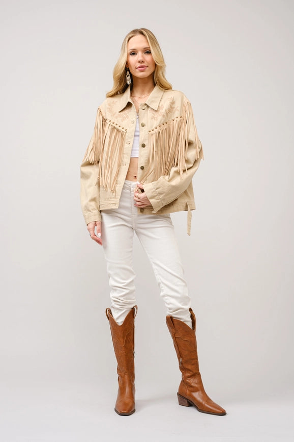 Twill Fringe Studded Embroidered Jacket