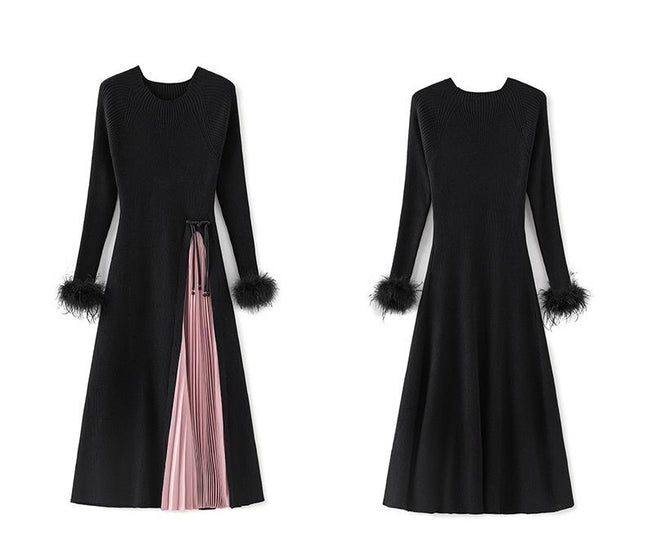 Two-Tone Pleated Dress with Furry Cuffs