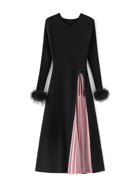 Two-Tone Pleated Dress with Furry Cuffs