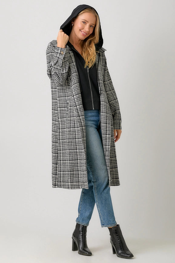 Twofer Hoodie Plaid Long Jacket Black Mix