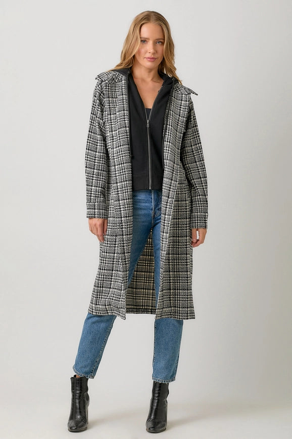 Twofer Hoodie Plaid Long Jacket Black Mix