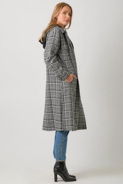 Twofer Hoodie Plaid Long Jacket Black Mix