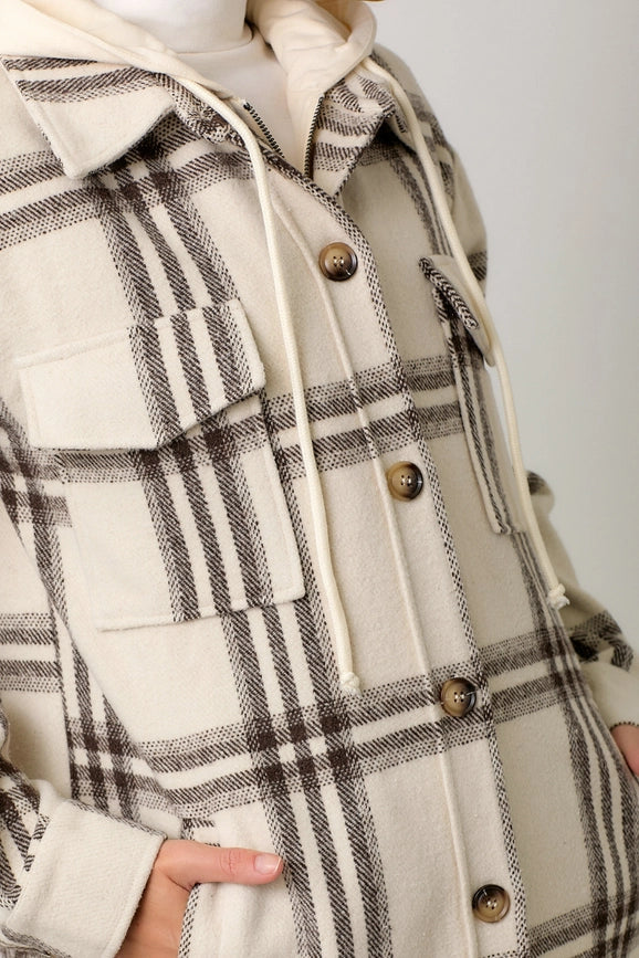 Twofer Hoodie Plaid Long Jacket Cream