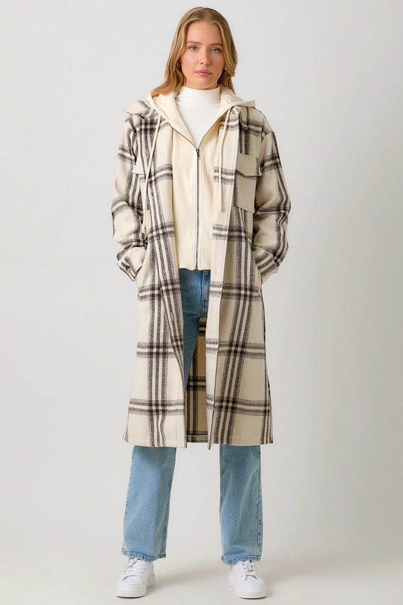 Twofer Hoodie Plaid Long Jacket Cream