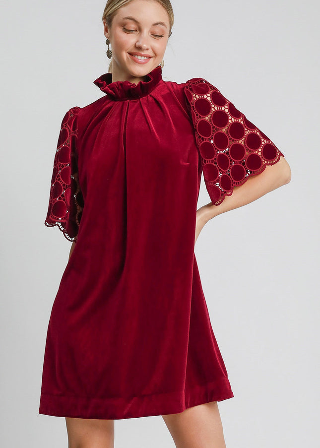 Umgee Dotted Lace Half Sleeve Mock Neck Back Tie Velvet Dress