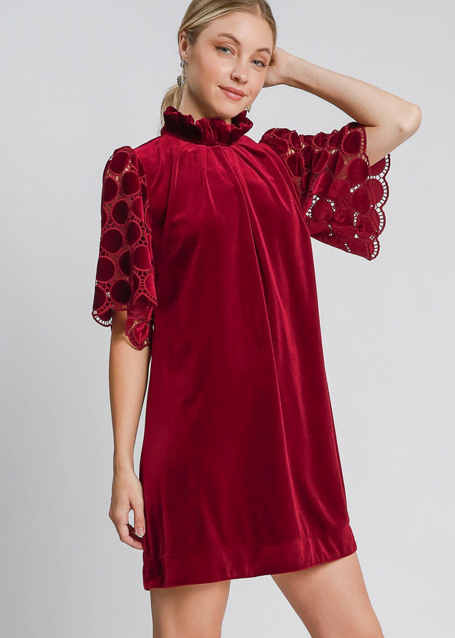 Umgee Dotted Lace Half Sleeve Mock Neck Back Tie Velvet Dress