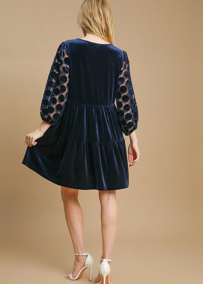 Umgee Dotted Lace Sleeve Tiered Velvet Mini Dress