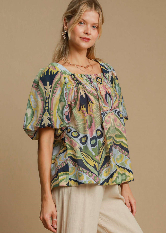 Umgee Full Size Abstract Print Smocked Square Neck Puff Sleeve Blouse